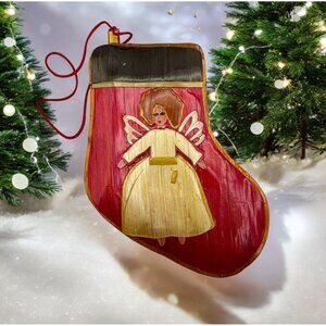 Vintage Handcrafted Angel Christmas Stocking Tree Ornament Woven Straw